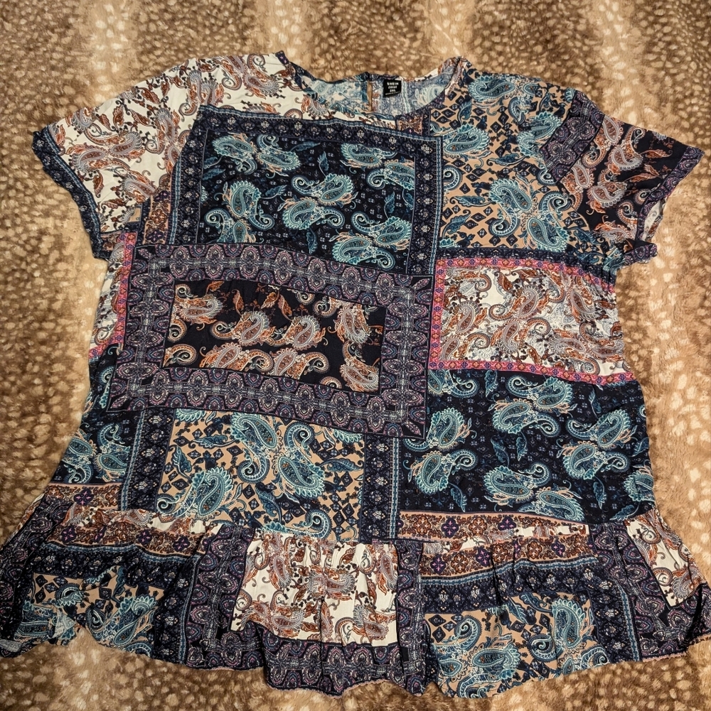Shein Curve XXL 2XL Patchwork Floral Paisley Top Ruffle Hem